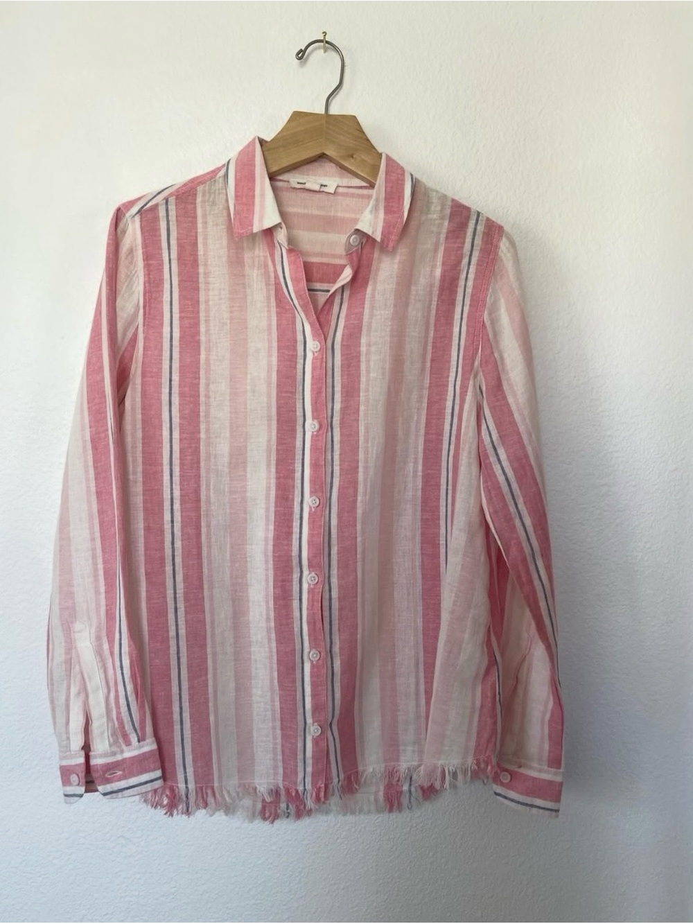 Pink and White Striped Button-Up linen cotton Shirt.